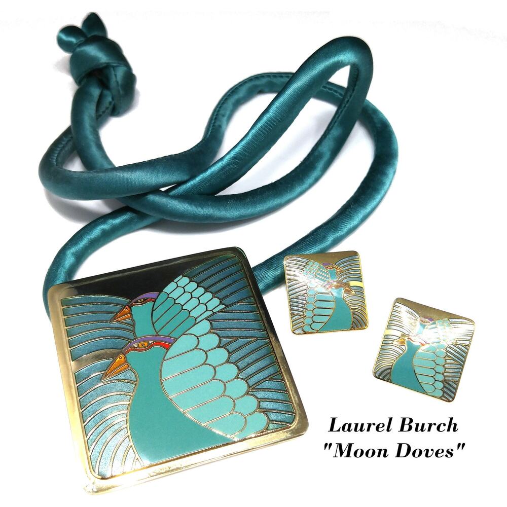 Laurel Burch Moon Doves Teal Pendant Necklace & Post Earrings Set Rare Vintage